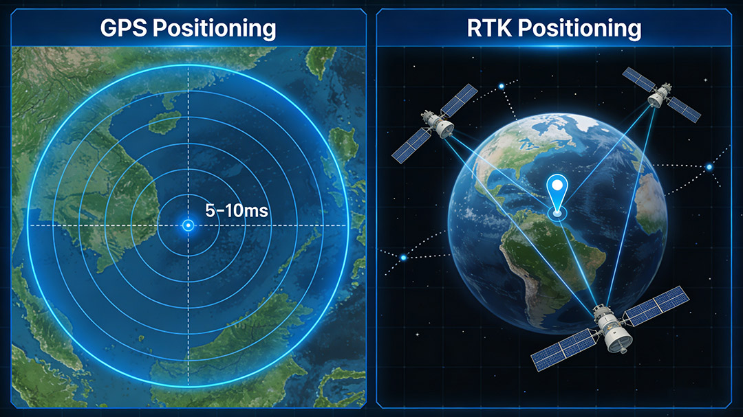 GPS vs RTK positioning accuracy comparison showing meter-level vs centimeter-level precision
